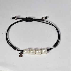 Tous Black Cord Bracelet with White Pearls